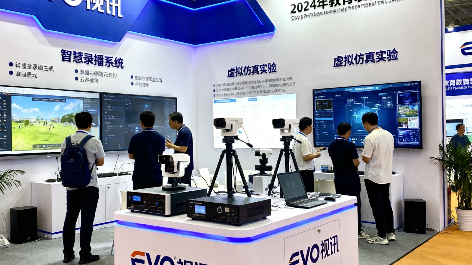 2024年教育装备展示会上EVO视讯集团的展位全景，展台上陈列着最新款智慧录播主机和云台摄像机，参观的教育工作者正在体验虚拟仿真实验系统，展位背景板上印有EVO视讯品牌标识和产品线介绍