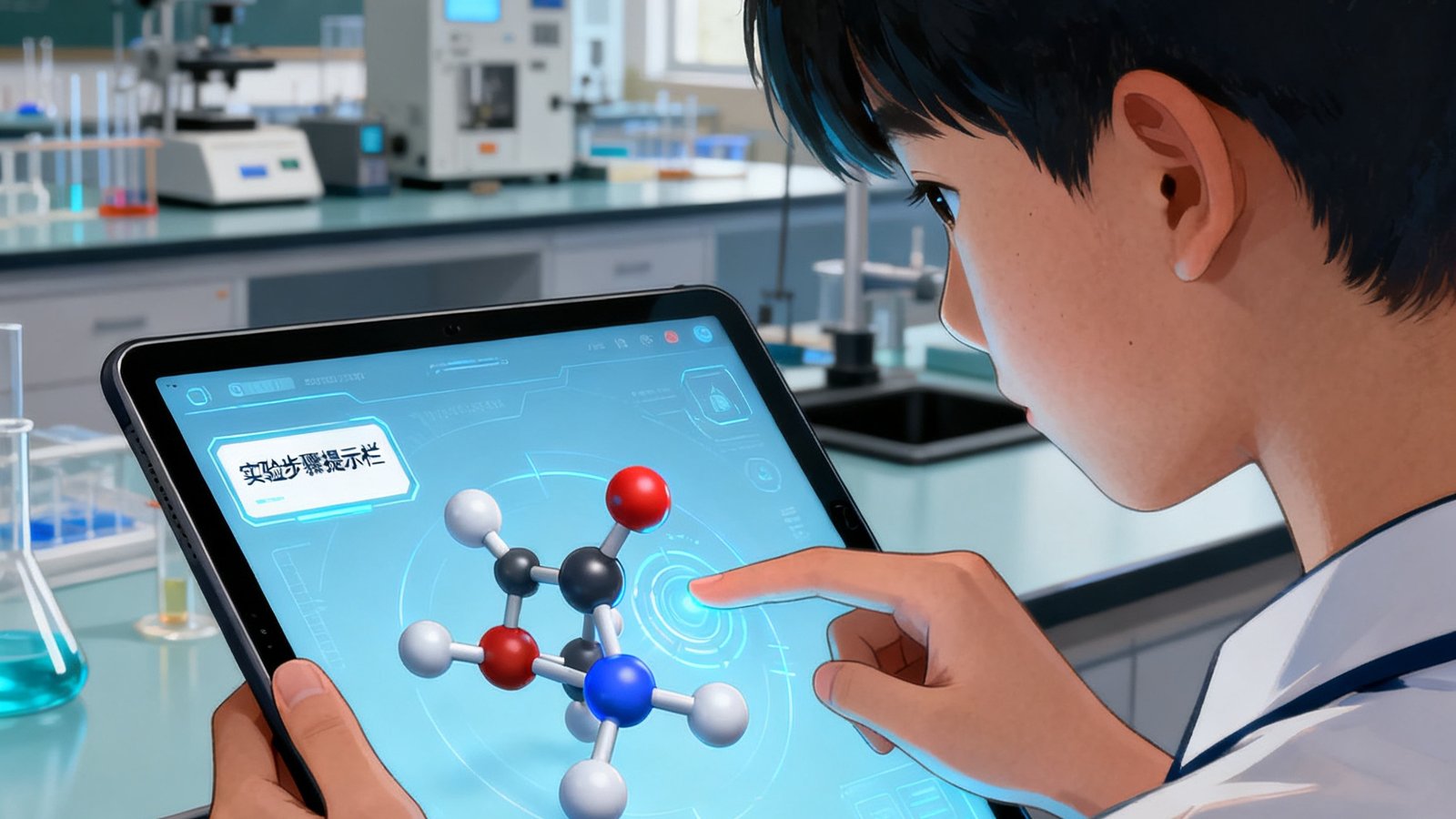 一名中学生正通过平板电脑操作虚拟仿真实验视讯系统，屏幕上显示着三维分子结构模型，手指可旋转放大查看原子键合细节，界面左侧有实验步骤提示栏，背景是学校实验室环境